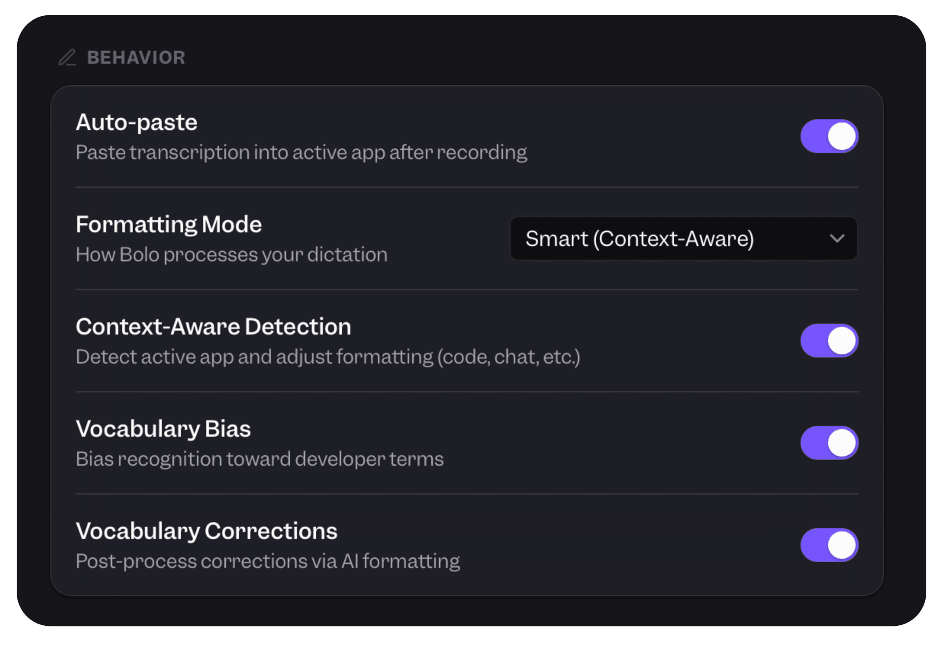 Bolo behavior settings
